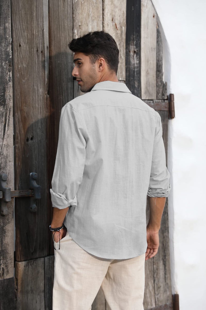 Runcati Mens Button Down Shirt Linen Cotton Shirts Casual Long Sleeve Spread Collar Lightweight Beach Plain Tops - Image 4